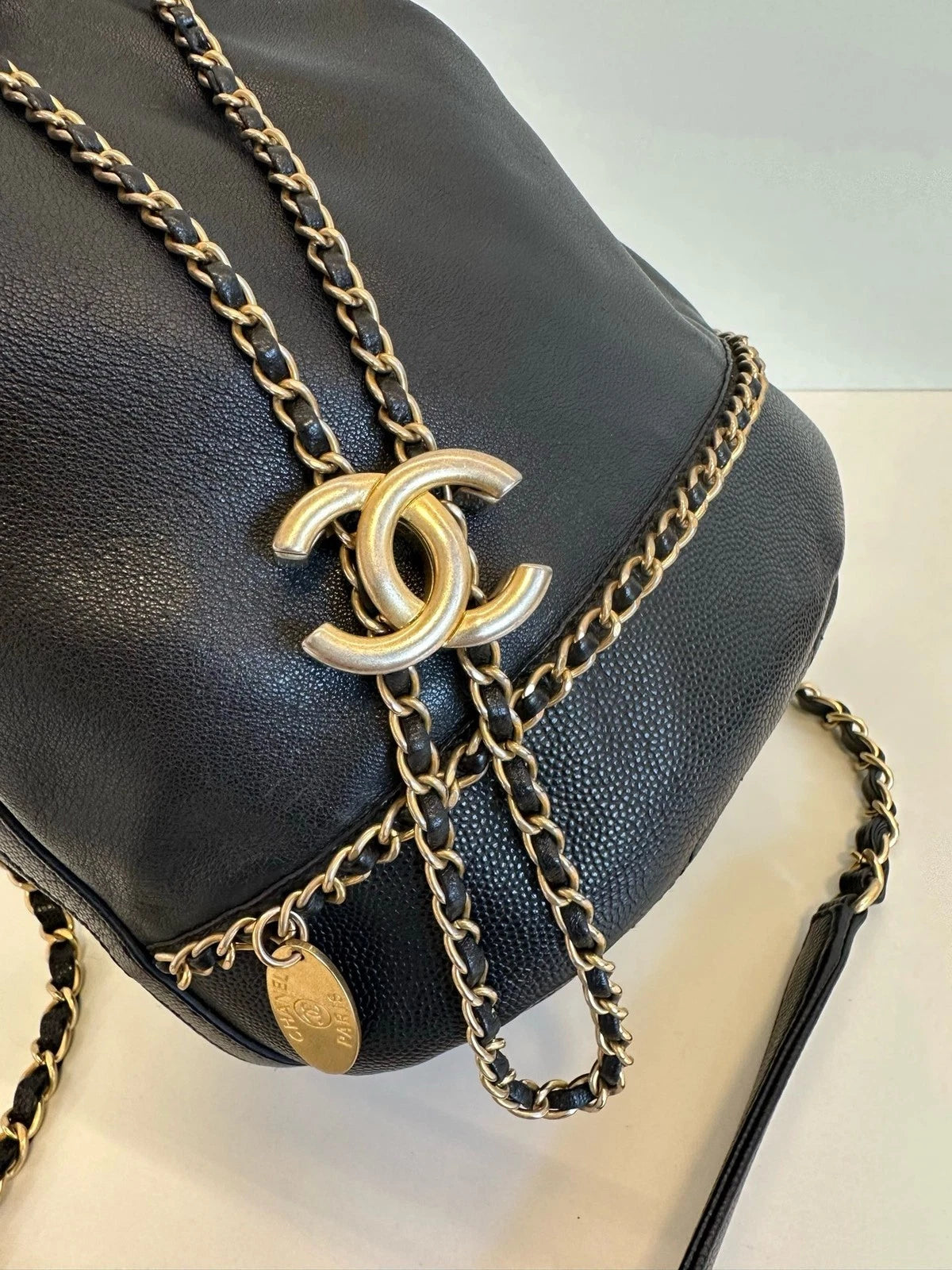 Chanel Greece Line Bucket Soft Calfskin Crossbody Bag Black Gold Women