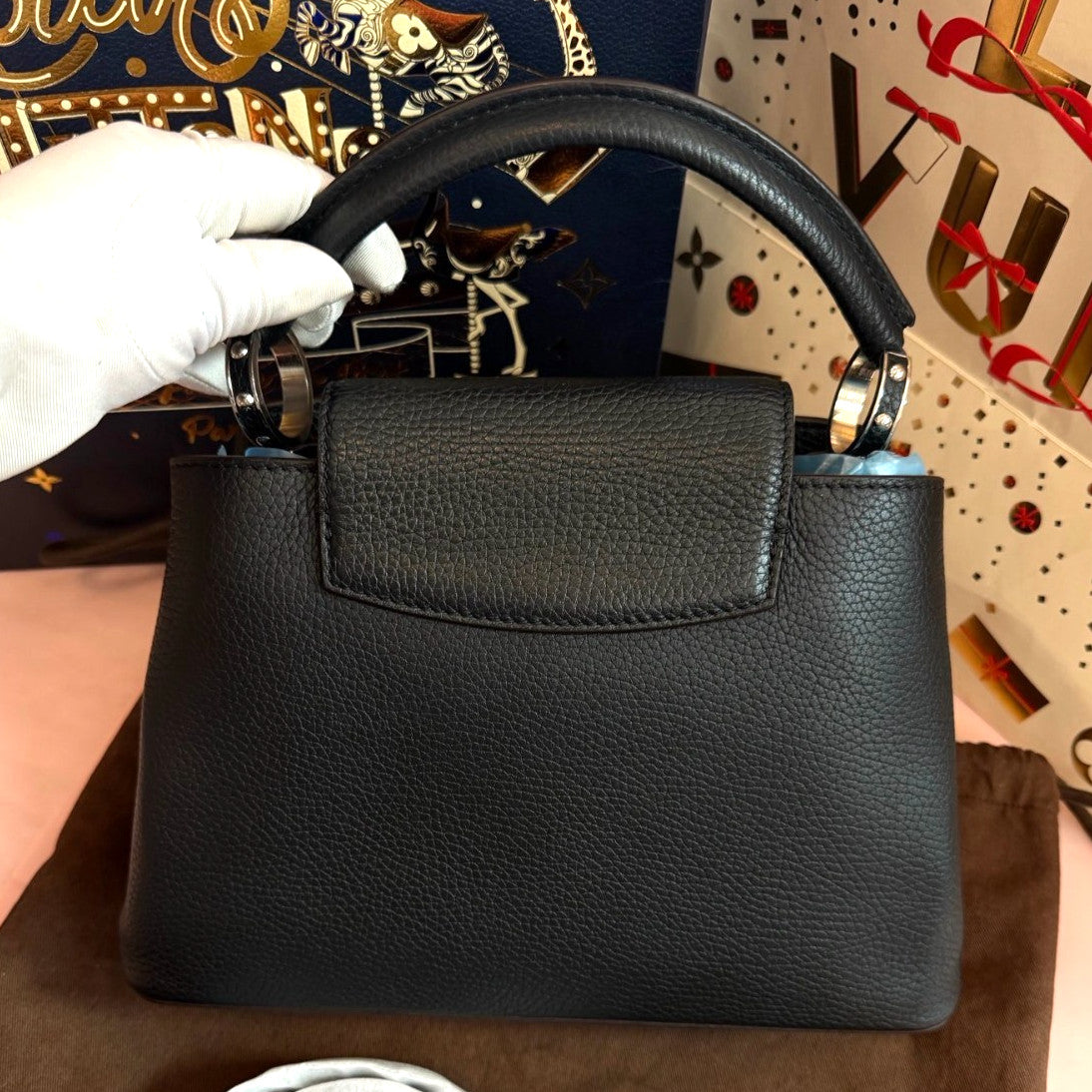 Louis Vuitton Capucines BB Calfskin Top Handle Bag Crossbody Black Silver Women