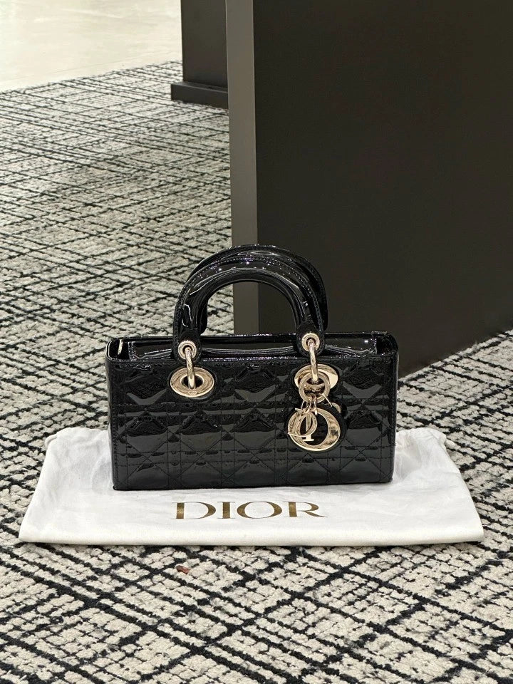 Dior D-Joy Small Black Gold Patent Leather Top Handle Bag For Women