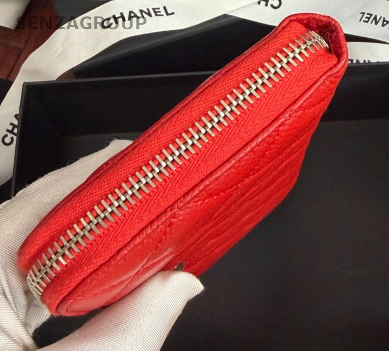Chanel Diamond Long Wallet Clutch Red Silver Used Women Classic