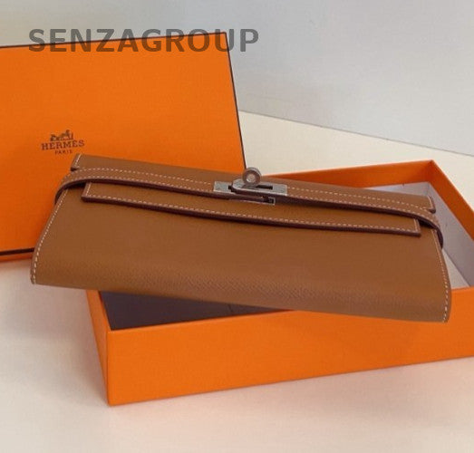 Hermes kelly Epsom Leather long Wallet Crossbody Brown Silver Women