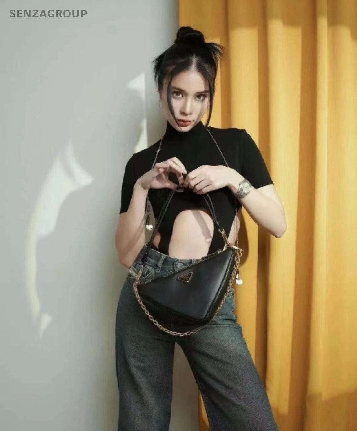 PRADA Puff Diamond pattern All Leather Chain 2way Shoulder Handbag Women black