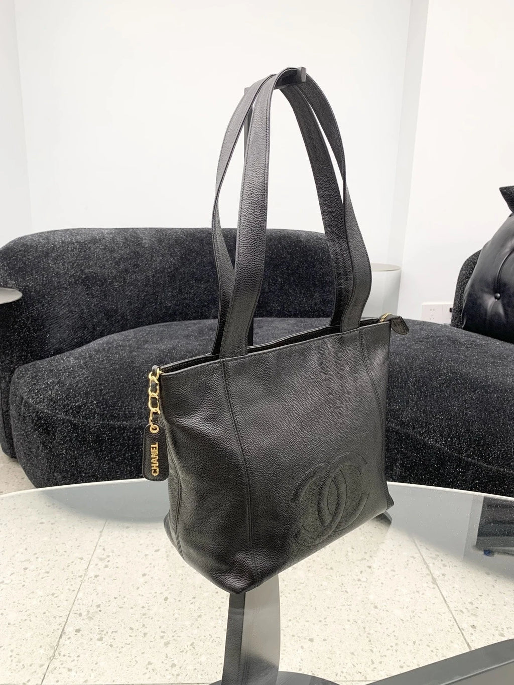 Chanel Calfskin Black Shoulder Bag Gold Hardware Women Classic S