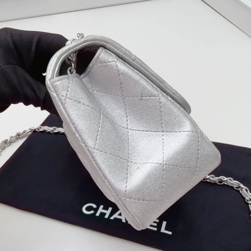 Chanel Classic Flap Mini Lambskin Silver Diamond Chain Shoulder Bag Crossbody