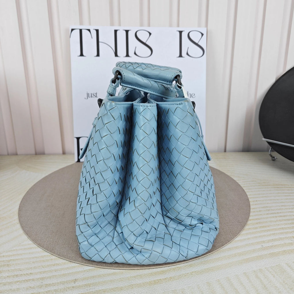 Bottega Veneta Blue Leather Woven Small Roma Tote Handbag For Women