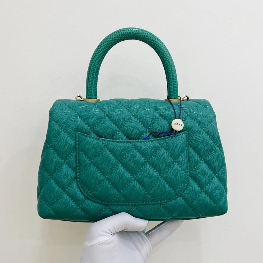 Chanel Cocohandle PM Calfskin Chain Top Handle Crossbody Green Gold Women