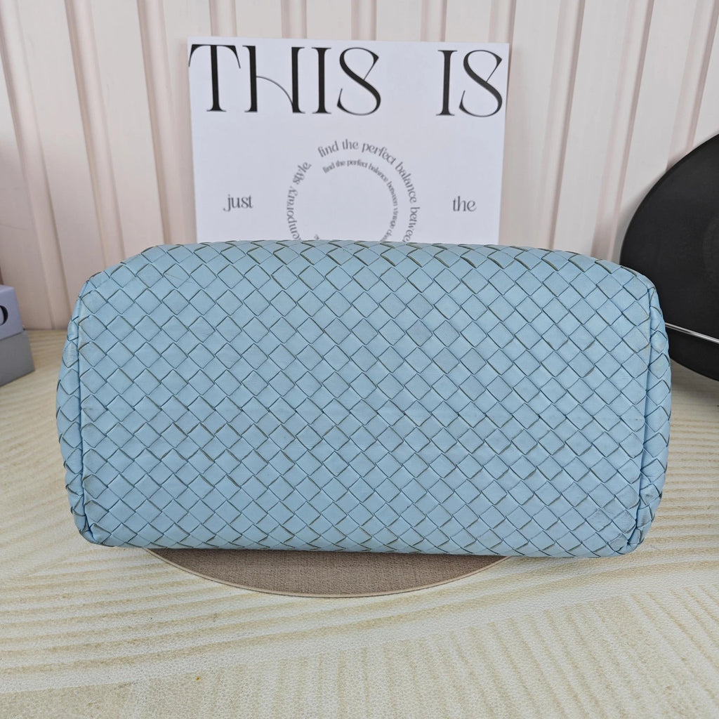 Bottega Veneta Blue Leather Woven Small Roma Tote Handbag For Women