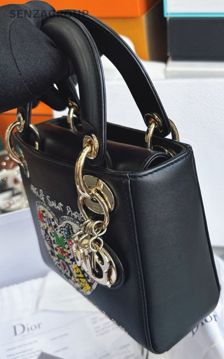 Chirstian Dior Lady Pearl Embroidery Top Handle Chain 2way Shoulder bag Black