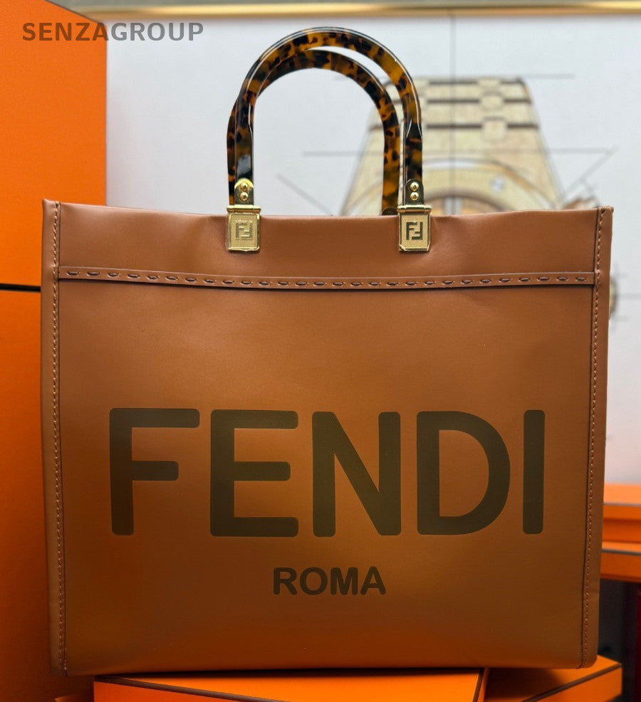 Fendi Calfskin 2Way Top Handle Bag Shoulder Bag Brown Gold Women Classic
