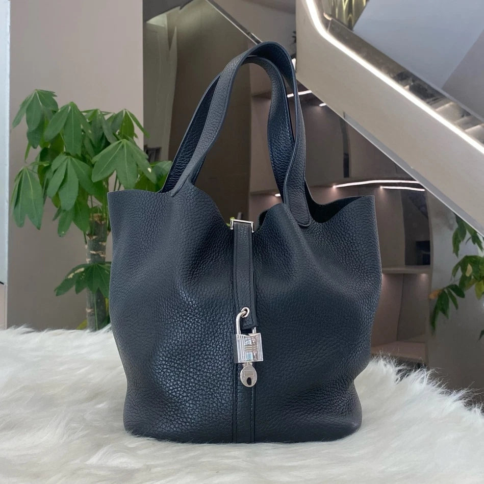 Hermes Picotin 22 Black Silver Tote Shoulder Bag Women's Classic Fashion
