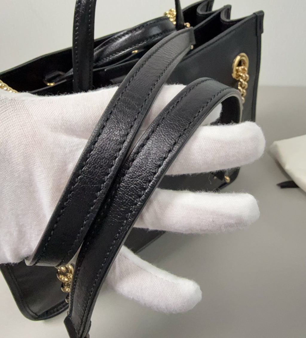 Gucci Horsebit1955 MM Tote Top Handle Chain Shoulder Bag Black Gold Used Women