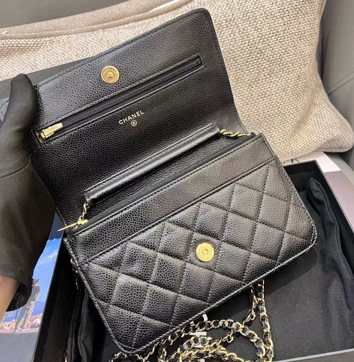 Chanel WOC Chain Crossbody Shoulder Bag Black Gold Diamond Women Classic