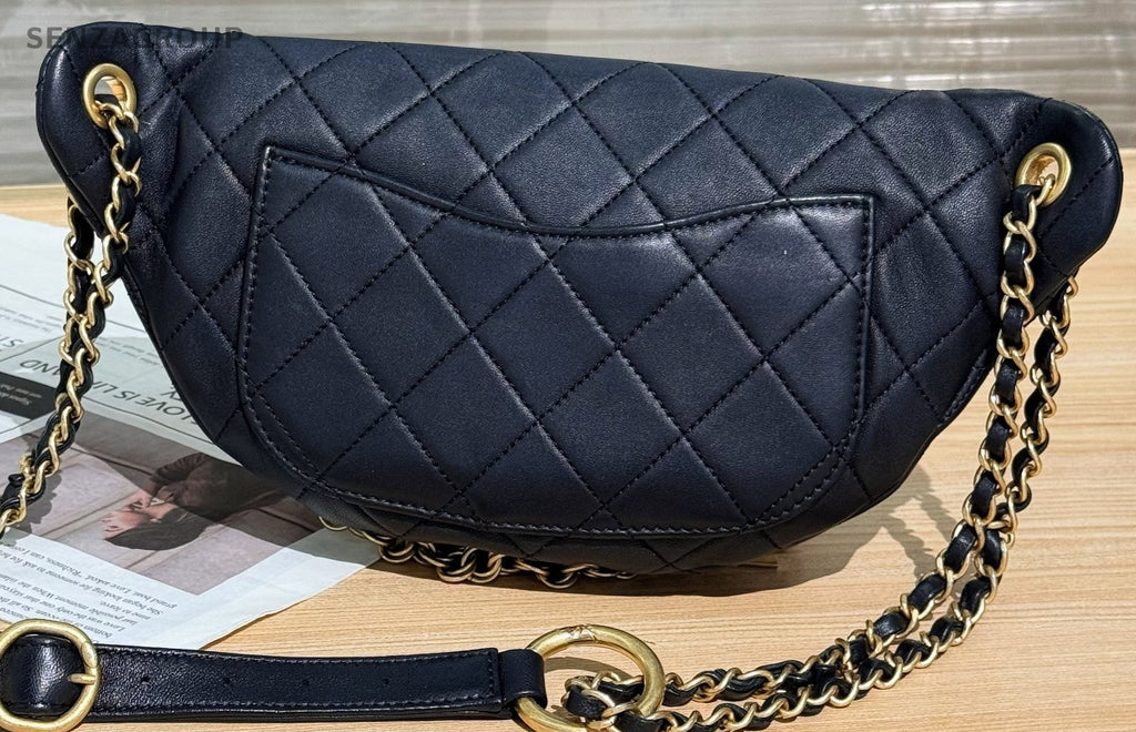 Chanel Egypt Pearl Waist Pouch Shoulder Bag Black Gold Used Women Classic
