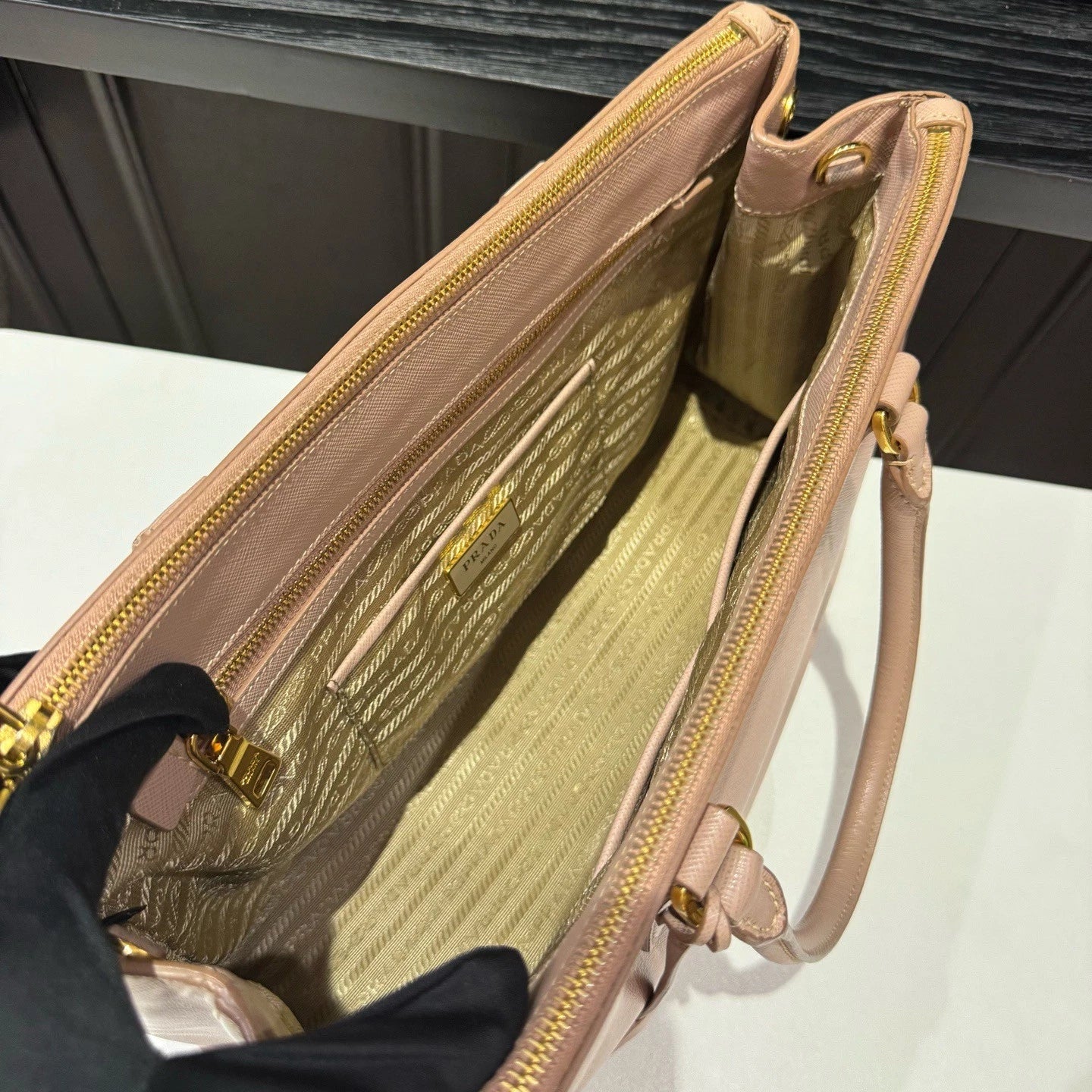Prada Galleria 2Way Top Handle Bag Crossbody Pink Gold Women Classic