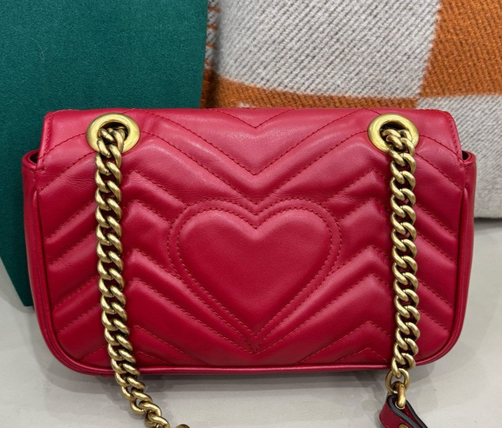 Gucci Marmont PM Chain Shoulder Bag Crossbody Red Gold Women Classic