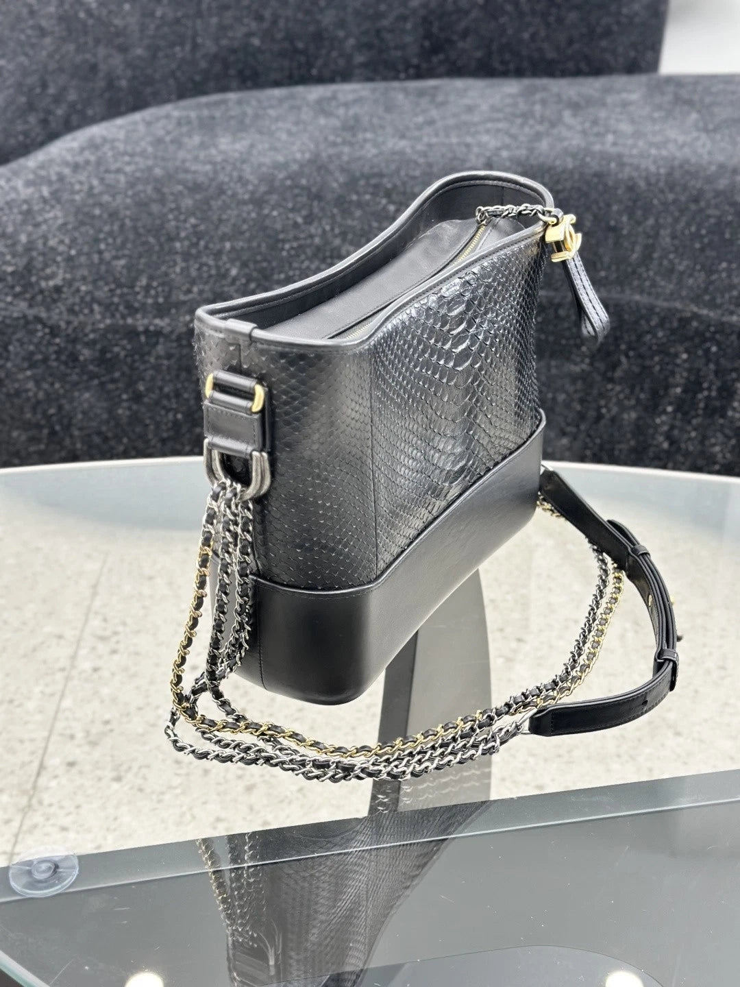 Chanel Snakeskin MM Chain Shoulder Crossbody Bag Black Gold Women S