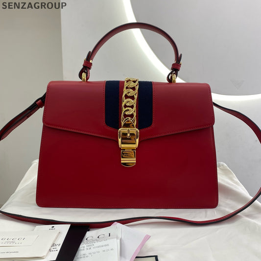 Gucci Sylvie Large Top Handle Shoulder Bag Red Gold - Classic Women's