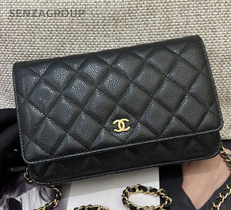 Chanel WOC Chain Shoulder Bag Crossbody Black Gold Diamond Women Classic