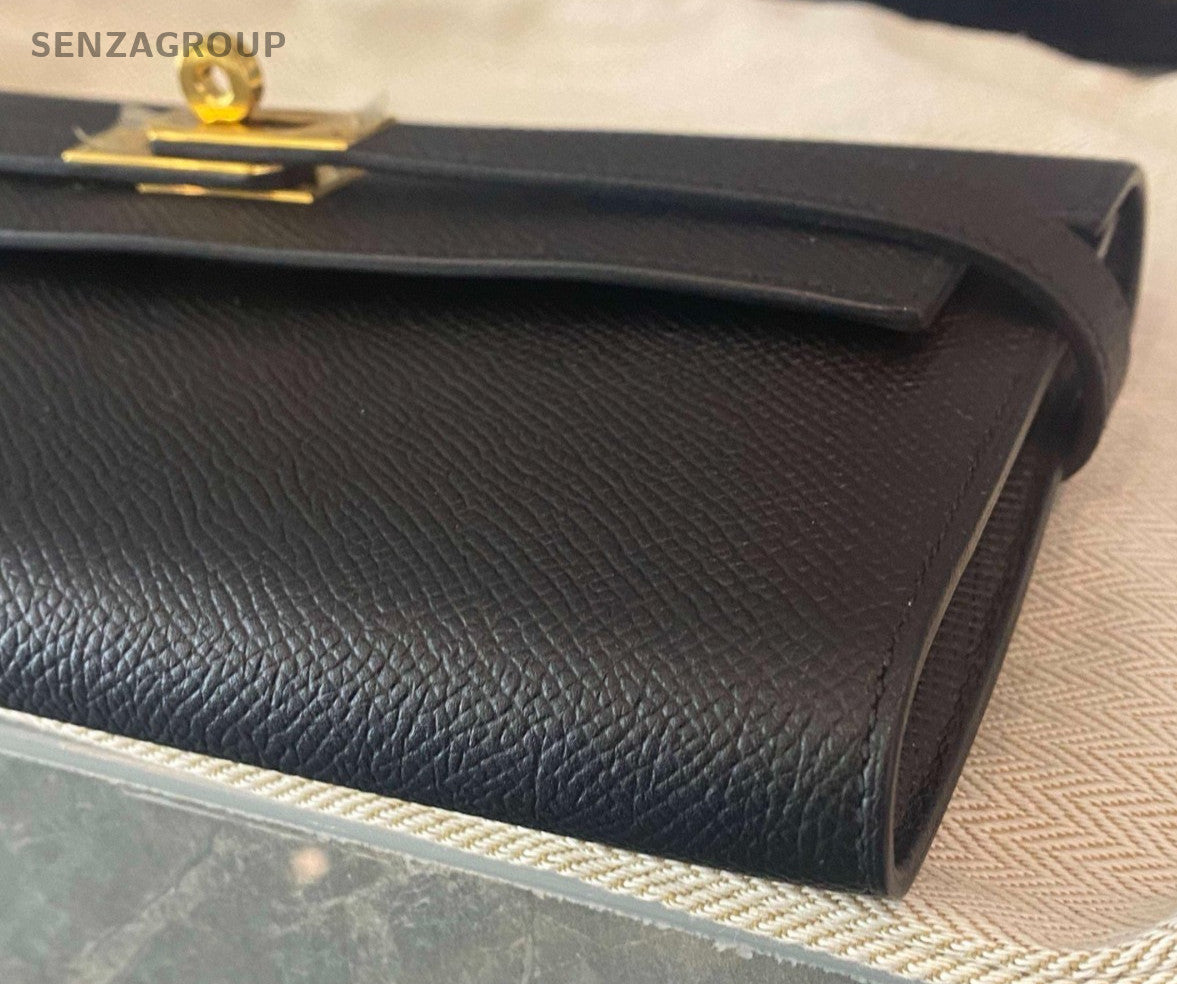 Hermes Kelly Long Wallet Epsom Leather Clutch Black Gold Used Women Classic