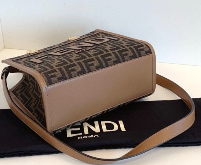 Fendi Sunshine Tote PM Monogram Top Handle Shoulder Bag Brown Almost Brand New