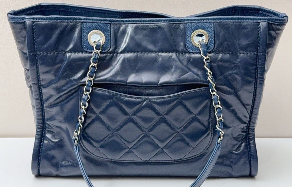 Chanel Cambon Calfskin Chain Shoulder Bag Blue Silver Used Women Classic