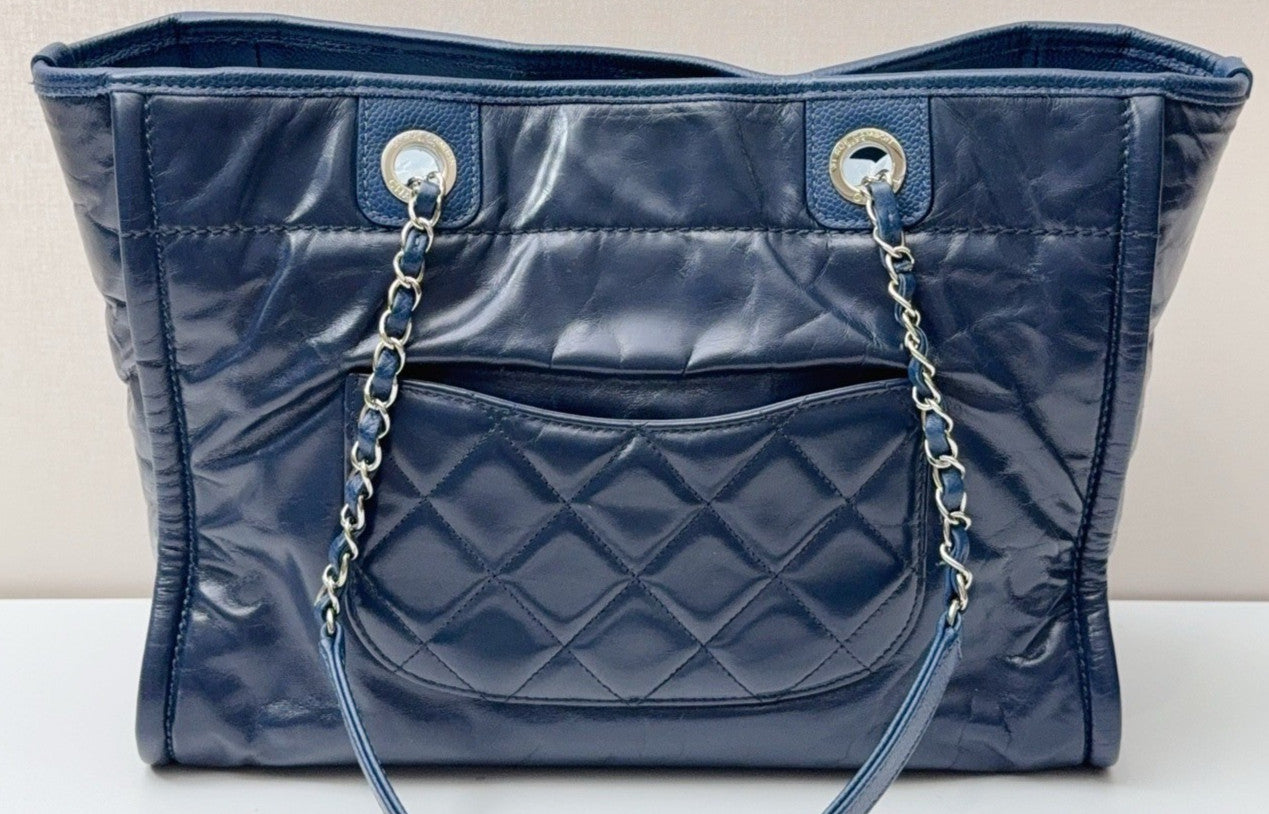 Chanel Cambon Calfskin Chain Shoulder Bag Blue Silver Used Women Classic