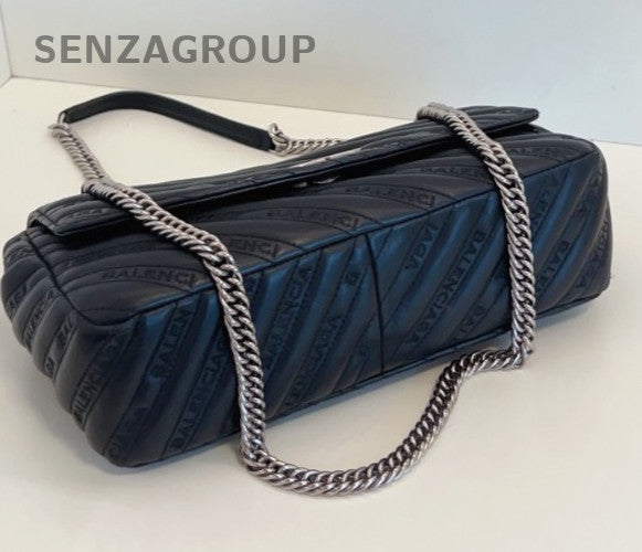 Balenciaga Lock Round Chain Shoulder Bag Black Silver Used Women Classic