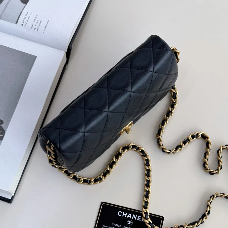 Chanel Diamond Chain Mini Shoulder Bag Black Gold Used Women Classic