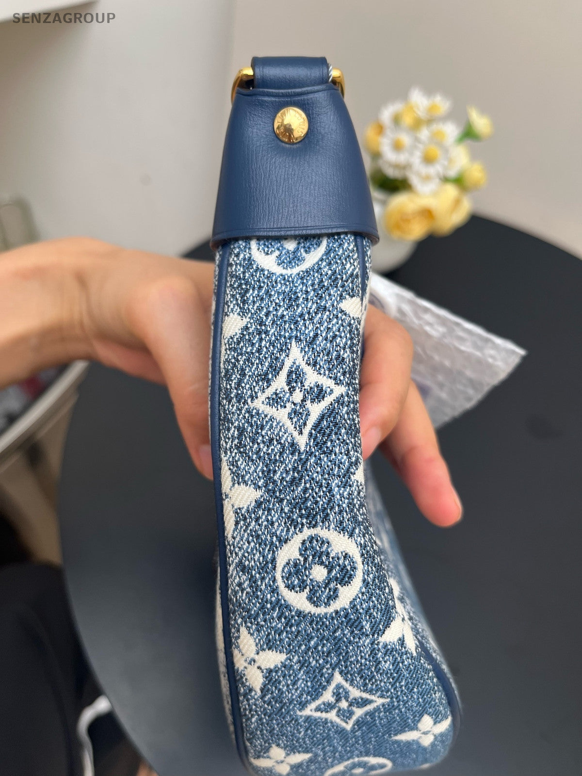 Louis Vuitton Denim Monogram Chain Shoulder Bag Blue Gold Women