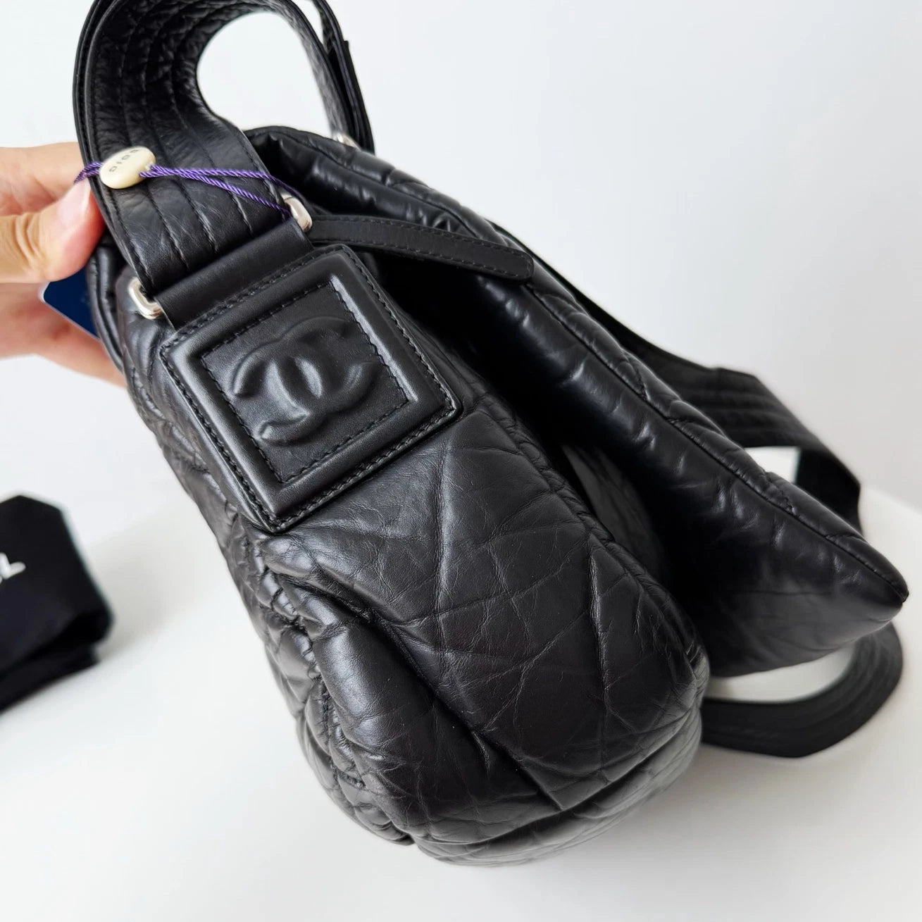Chanel Coco Lambskin Black Silver Hardware Diamond Messenger Bag Crossbody