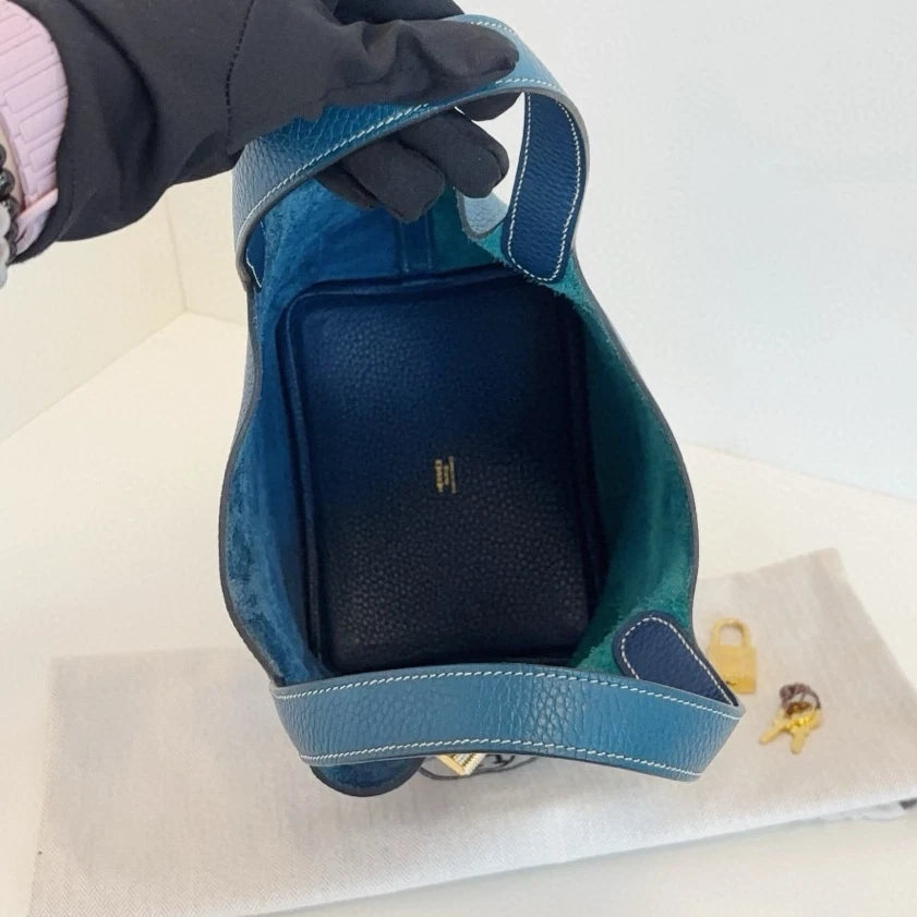 Hermes Picotin18 Top Handle Shoulder Bag Blue Gold Women Fashion