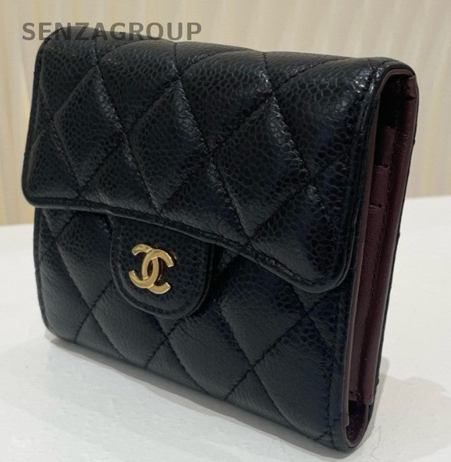Chanel Diamond PM Calfskin Wallet Black Gold Used Women Classic