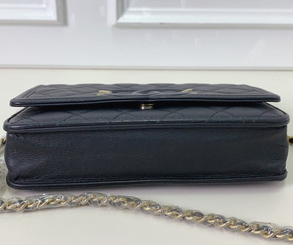 Chanel WOC Chain Calfskin Shoulder Bag Black Gold Women CC Logo Classic
