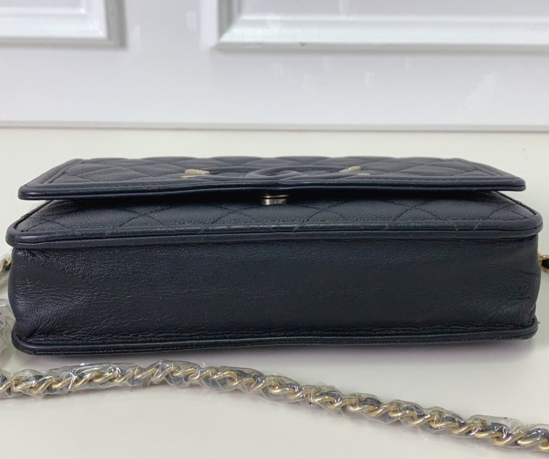 Chanel WOC Chain Calfskin Shoulder Bag Black Gold Women CC Logo Classic
