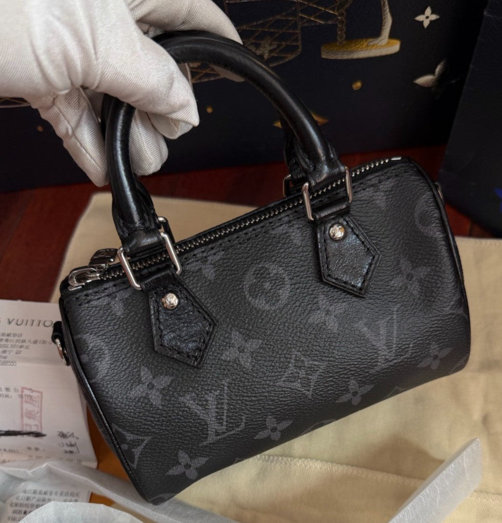 Louis Vuitton Speedy Nano Monogram Top Handle Crossbody Black Silver Women