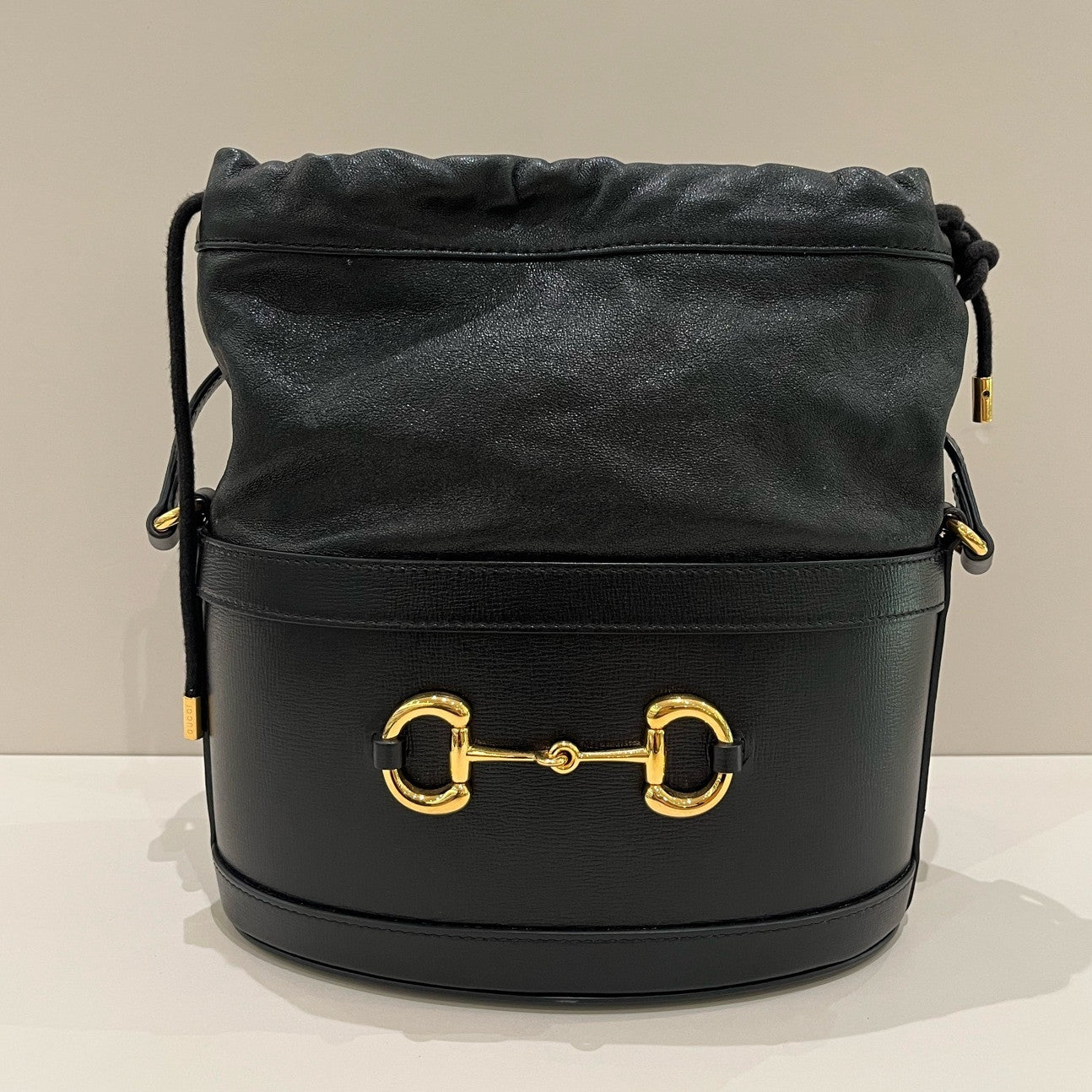 Gucci 1955 Drawstring Bucket Bag Black Gold Shoulder Crossbody Women