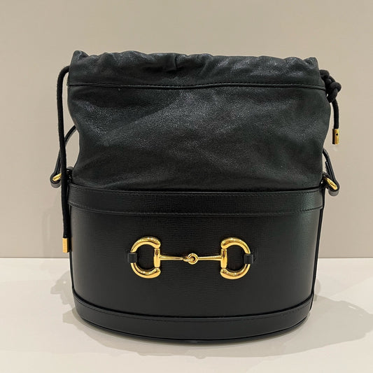 Gucci 1955 Drawstring Bucket Bag Black Gold Shoulder Crossbody Women