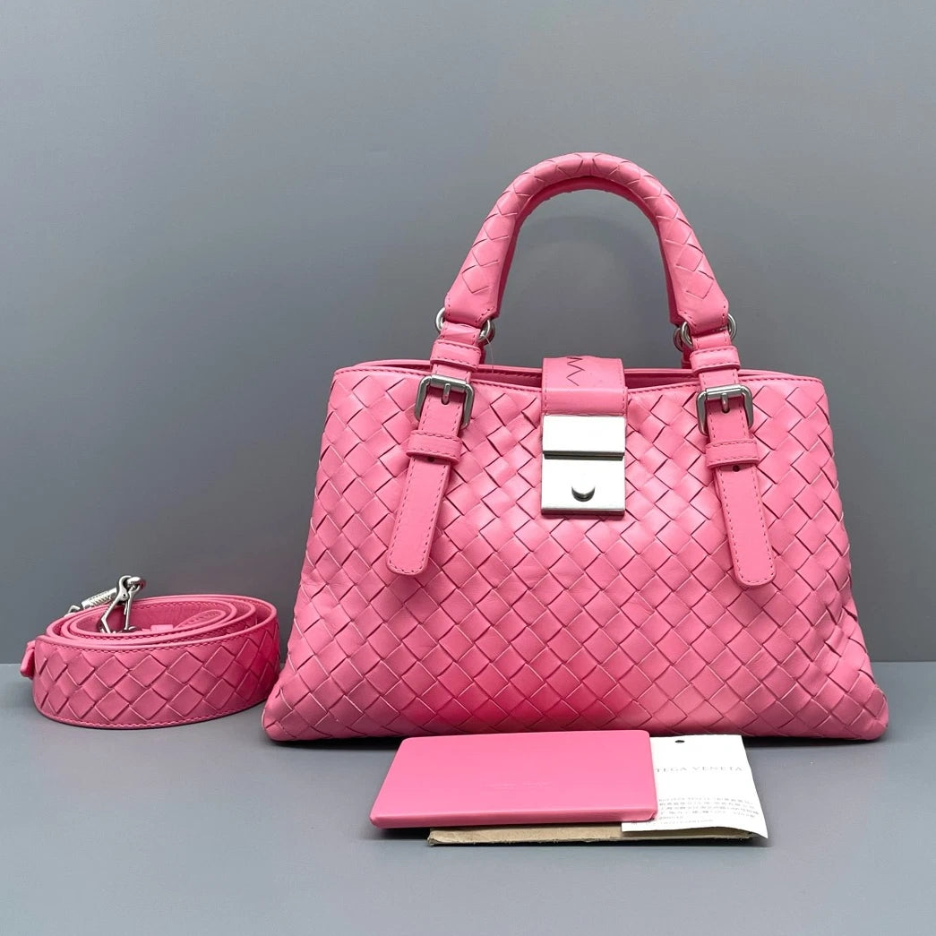 Bottega Veneta Intrecciato PM Top Handle Bag Crossbody Pink Silver Women
