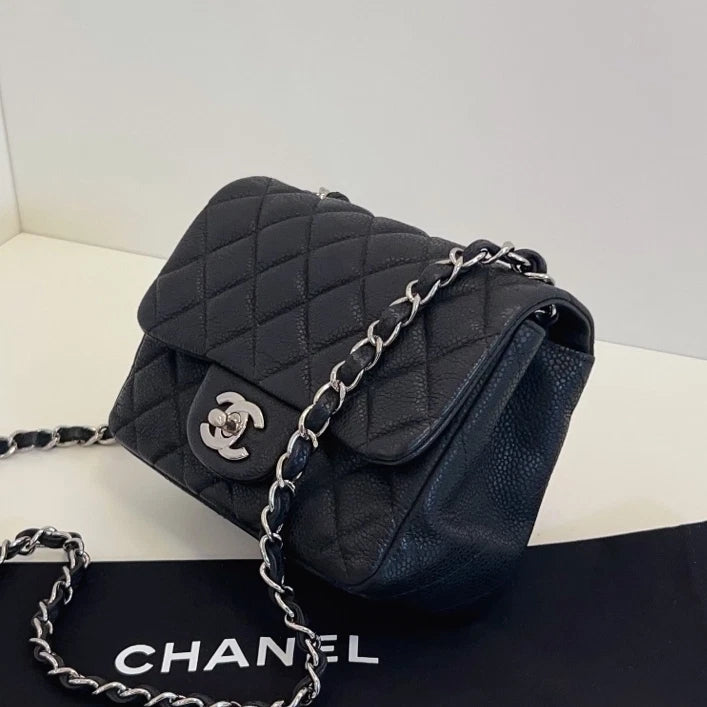 Chanel Classic Flap Chain Shoulder Crossbody Black Silver Women Diamond