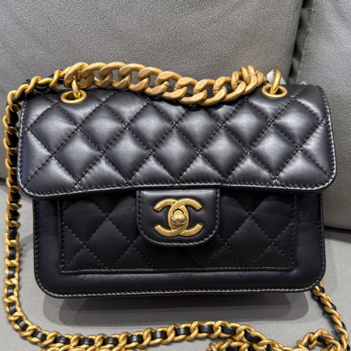 Chanel 23S Messenger Bag Black Quilted Gold Chain Crossbody Shoulder Bag