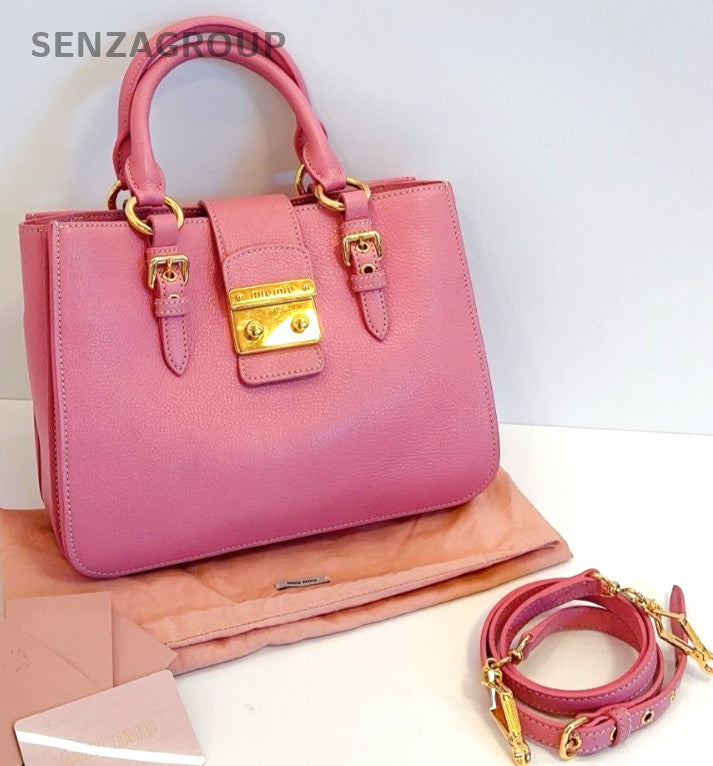 Miumiu Calfskin Tote Pink Gold 2WAY Shoulder Handbag Crossbody Almost Brand NEW