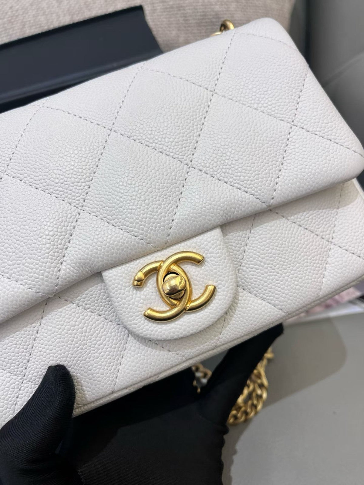 Chanel Classic Flap Calfskin Chain Shoulder Bag Crossbody White Gold Women