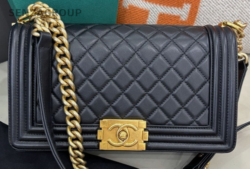 Chanel Leboy MM Calfskin Chain Shoulder Bag Black Gold Diamond Women Classic