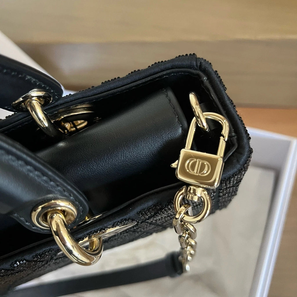 Dior Lady Dior Black Shoulder Bag Top Handle Excellent