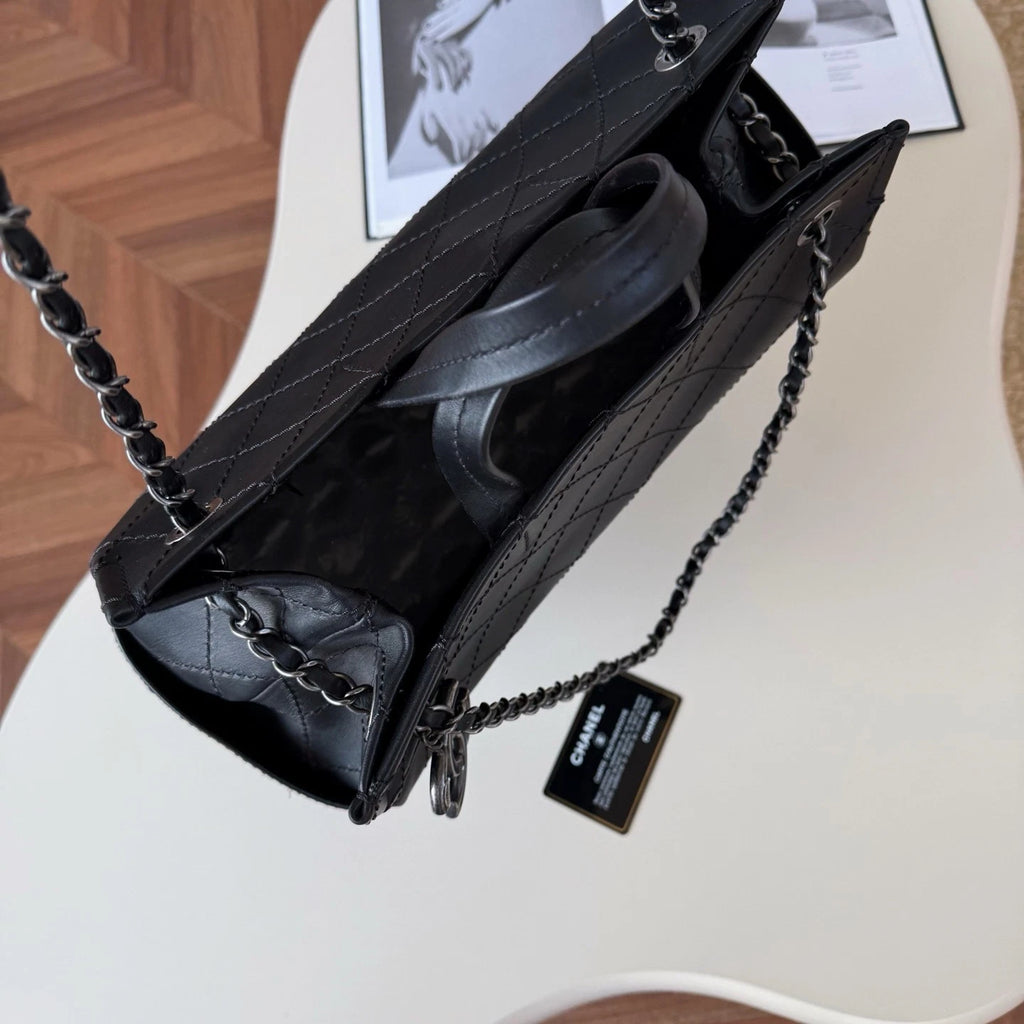 Chanel Diamond Calfskin Tote Chain Top Handle Shoulder Bag Black Silver