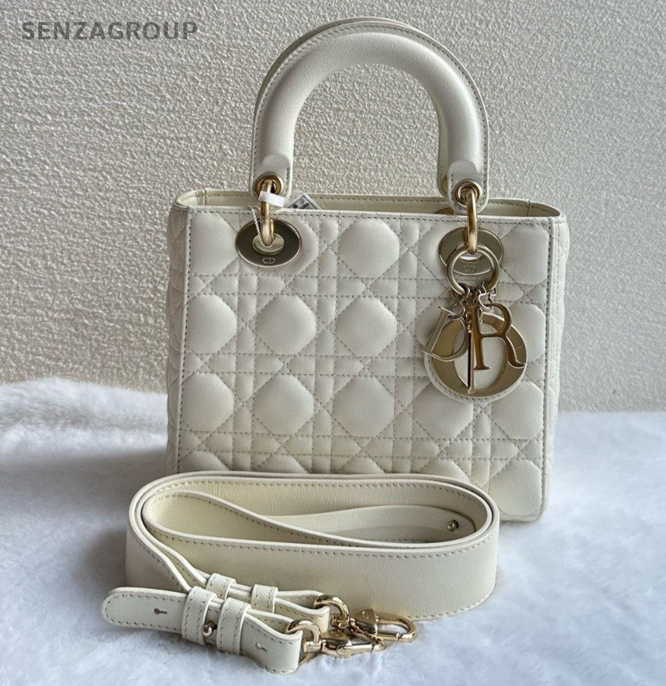 Christian Dior Lady Dior Lambskin Crossbody Top Handle Bag White Gold Women
