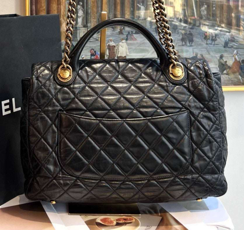 Chanel Diamond Chain Shoulder Bag Top Handle Bag Black Gold Used Women Classic