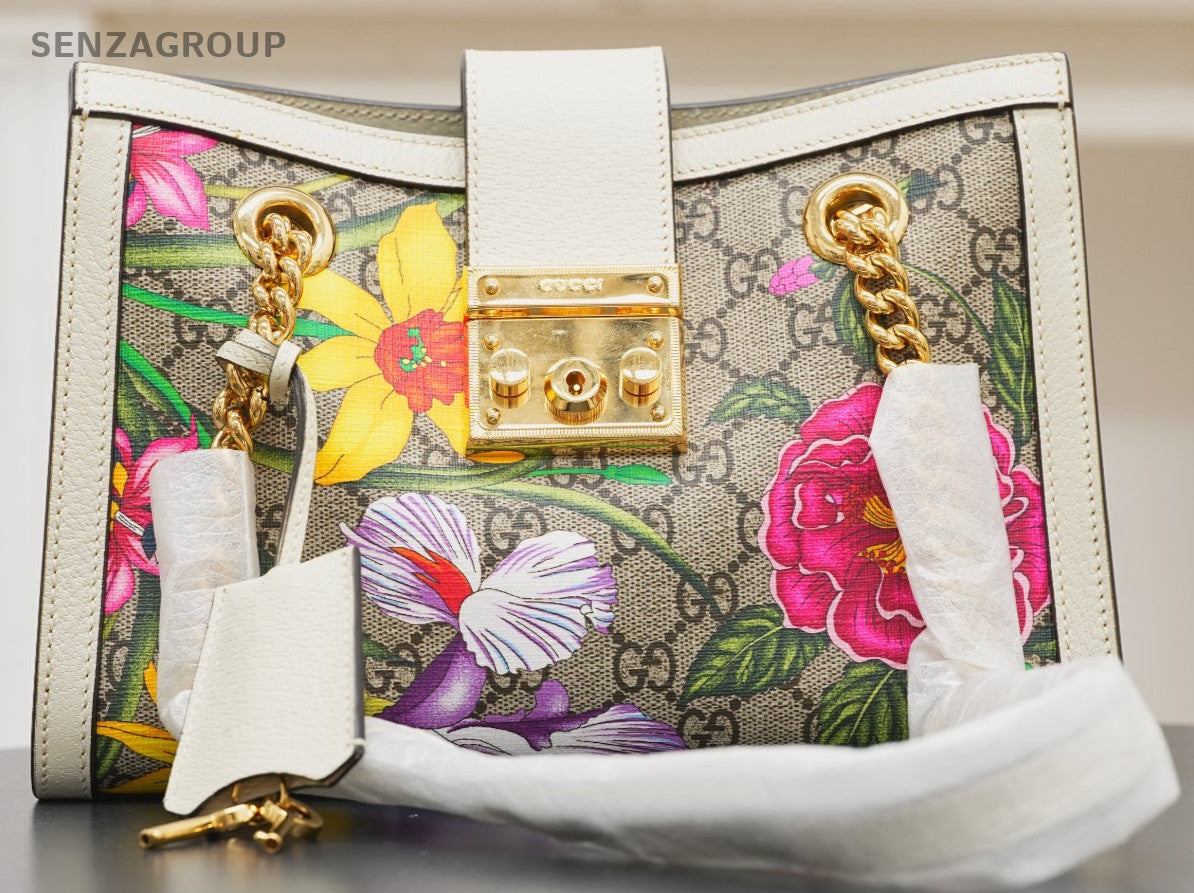 GUCCI Padlock Flowers Chain Shoulder bag White Gold Women
