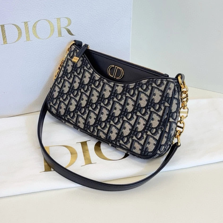 Christian Dior Hobo Avenue Canvas Shoulder Bag Blue Gold Used Women Classic