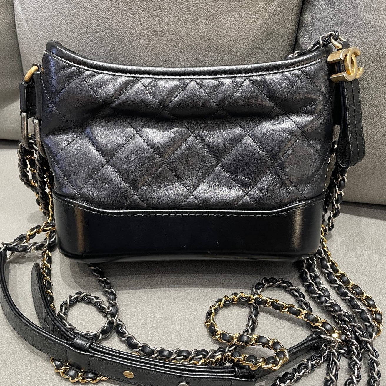 Chanel Gabrielle Small Chevron Chain Bag Black Gold Classic Women's